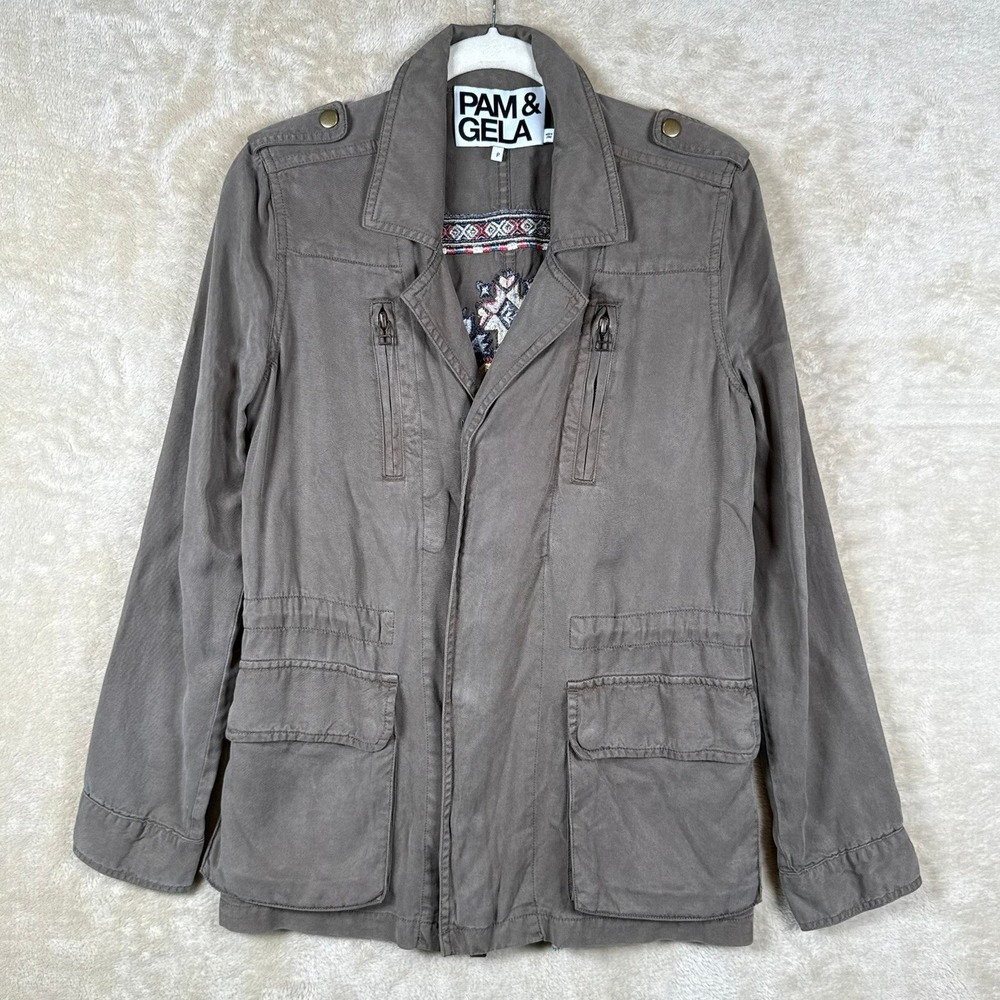 Pam & Gela Women Olive Grey Embroidered Tencel Utility Field Jacket Size P